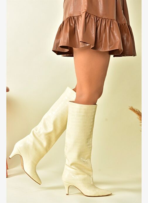 Bej Kroko Baskı Alçak Topuklu Kadın Çizme N749204011 - Görsel 4