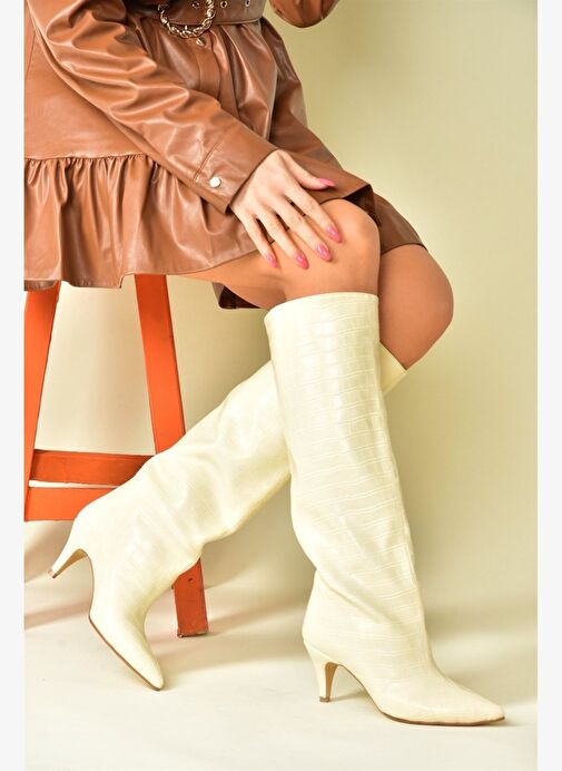 Bej Kroko Baskı Alçak Topuklu Kadın Çizme N749204011 - Görsel 5