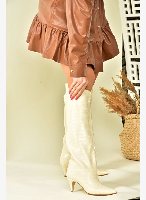 Bej Kroko Baskı Alçak Topuklu Kadın Çizme N749204011 - Görsel 3