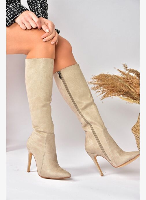 Bej Süet İnce Topuklu Sivri Burun Kadın Çizme N372530102 - Görsel 5