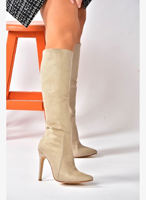 Bej Süet İnce Topuklu Sivri Burun Kadın Çizme N372530102 - Görsel 4