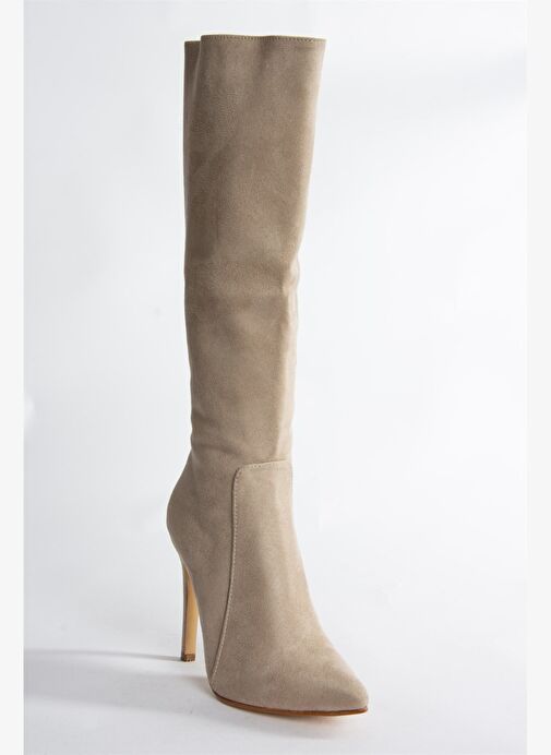 Bej Süet İnce Topuklu Sivri Burun Kadın Çizme N372530102 - Görsel 6