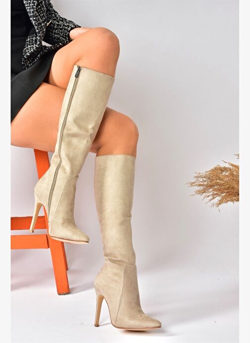 Bej Süet İnce Topuklu Sivri Burun Kadın Çizme N372530102 - Görsel 3