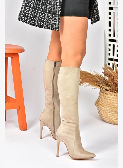 Bej Süet İnce Topuklu Sivri Burun Kadın Çizme N372530102 - Görsel 2