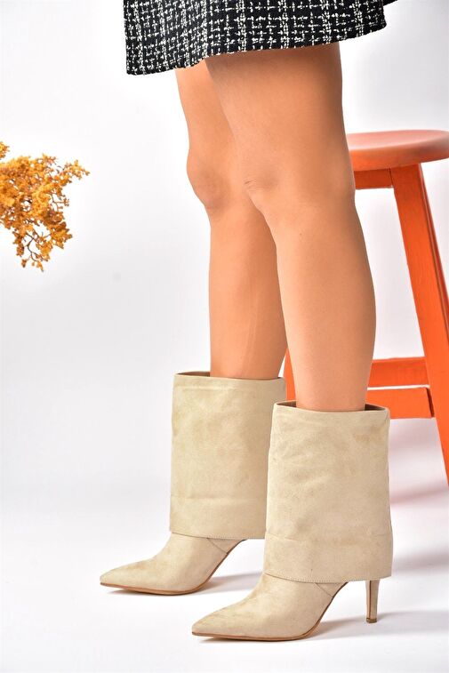Bej Süet İnce Topuklu Günlük Kadın Bot N572560902 - Görsel 4