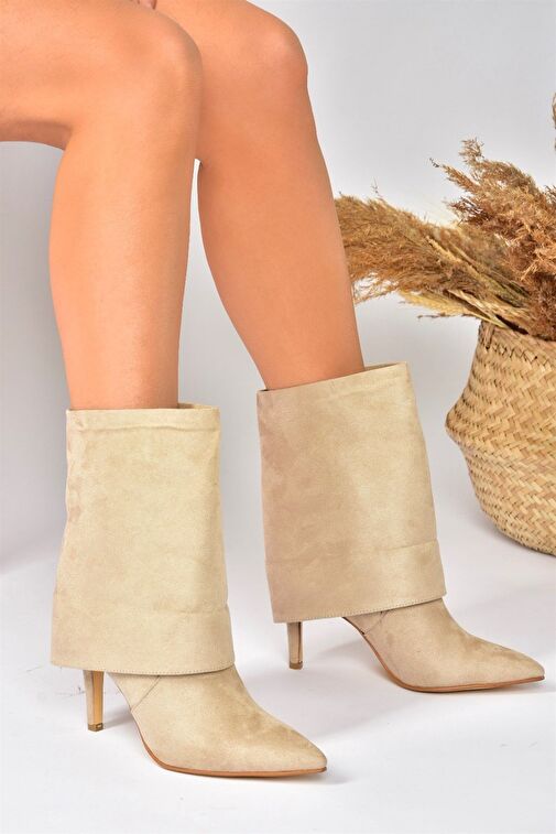 Bej Süet İnce Topuklu Günlük Kadın Bot N572560902 - Görsel 5