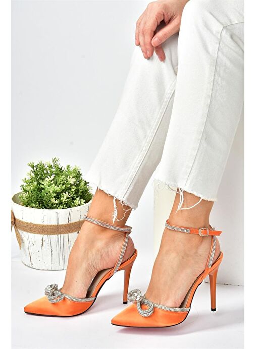Turuncu Saten Kumaş Taşlı Kadın Topuklu Ayakkabı K654051204 - Görsel 4
