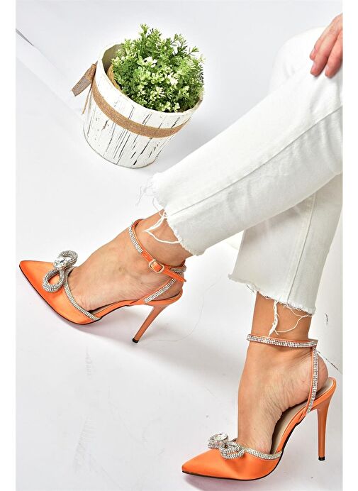 Turuncu Saten Kumaş Taşlı Kadın Topuklu Ayakkabı K654051204 - Görsel 5