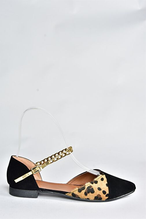 Siyah/Leopar Süet Zincir Detaylı Kadın Babet P726054502 - Görsel 6