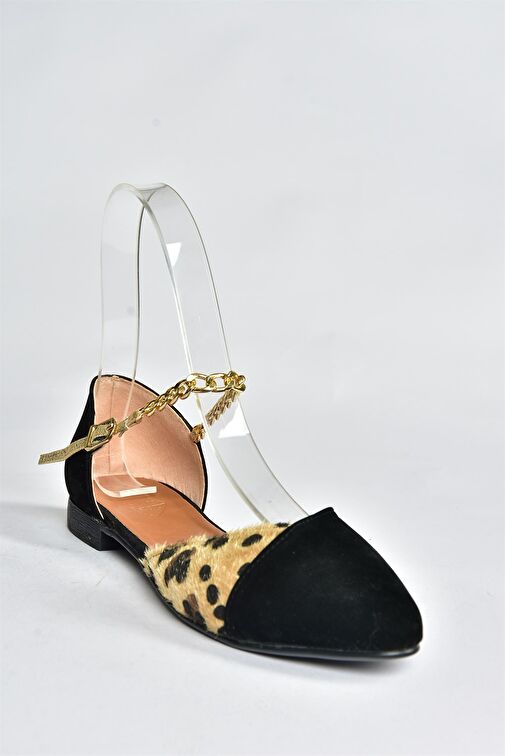 Siyah/Leopar Süet Zincir Detaylı Kadın Babet P726054502 - Görsel 7