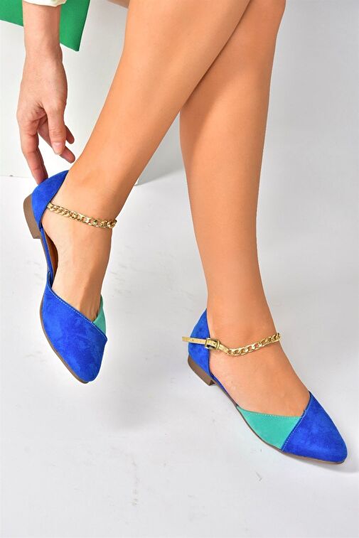 Saks Mavi/Su Yeşili Süet Zincir Detaylı Kadın Babet P726054502 - Görsel 2
