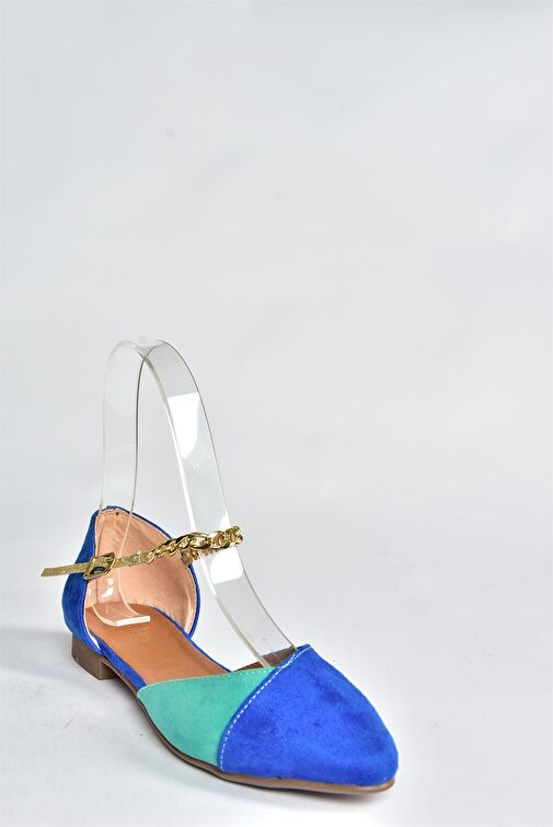 Saks Mavi/Su Yeşili Süet Zincir Detaylı Kadın Babet P726054502 - Görsel 6