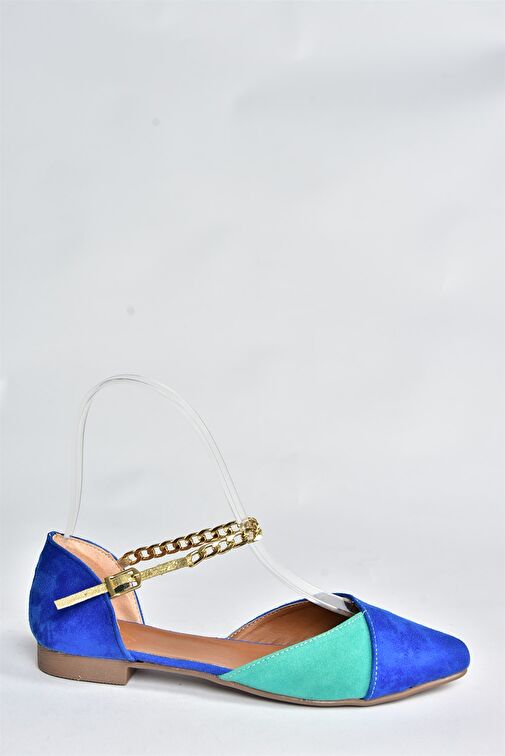 Saks Mavi/Su Yeşili Süet Zincir Detaylı Kadın Babet P726054502 - Görsel 7