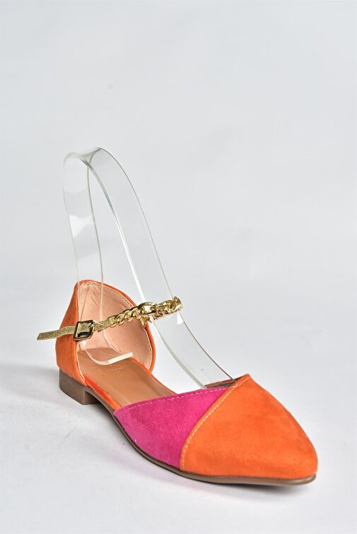 Turuncu/Fuşya Süet Zincir Detaylı Kadın Babet P726054502 - Görsel 6