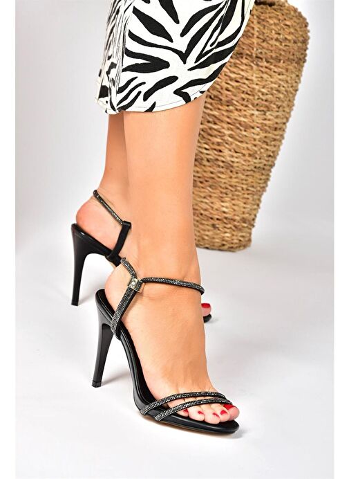 Siyah Taşlı İnce Bantlı Topuklu Kadın Abiye Ayakabı P251775009 - Görsel 3