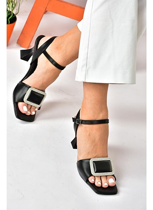 Siyah Taşlı Kalın Topuklu Kadın Abiye Ayakkabı P252100009 - Görsel 4