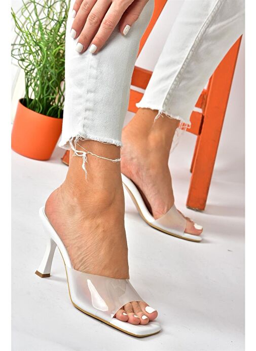 Beyaz Şeffaf Görünümlü Kalın Topuklu Kadın Terlik P590033209 - Görsel 5