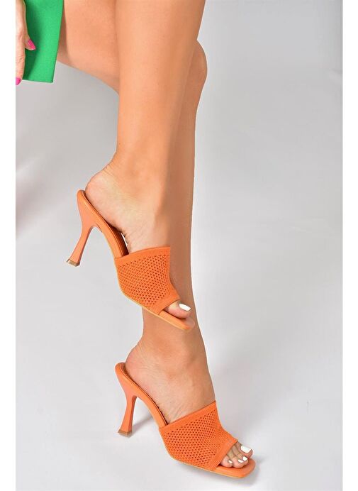 Turuncu Triko Kumaş Topuklu Kadın Terlik P590033357 - Görsel 2