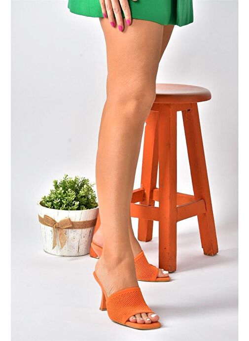 Turuncu Triko Kumaş Topuklu Kadın Terlik P590033357 - Görsel 4