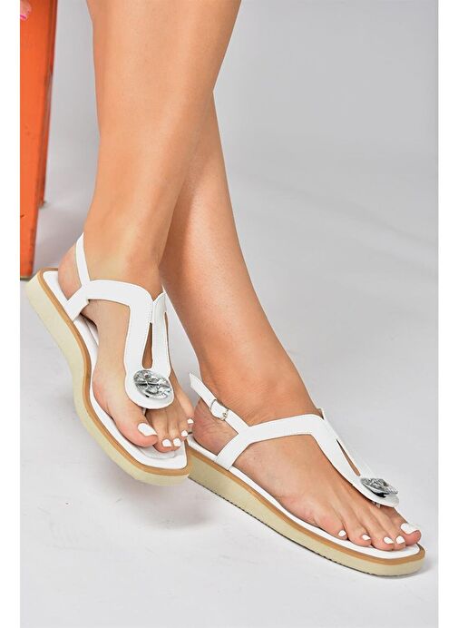 Beyaz Taşlı Parmak Arası Günlük Kadın Sandalet P252055009 - Görsel 2