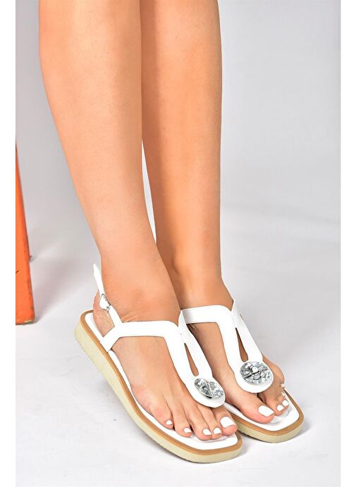 Beyaz Taşlı Parmak Arası Günlük Kadın Sandalet P252055009 - Görsel 3