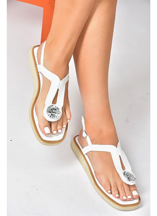 Beyaz Taşlı Parmak Arası Günlük Kadın Sandalet P252055009 - Görsel 4