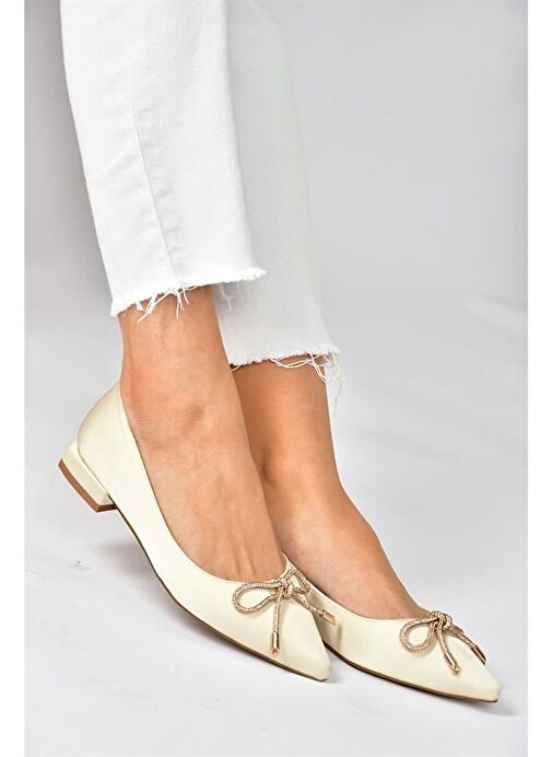 Bej Saten Kumaş Alçak Topuklu Kadın Ayakkabı P820121204 - Görsel 5