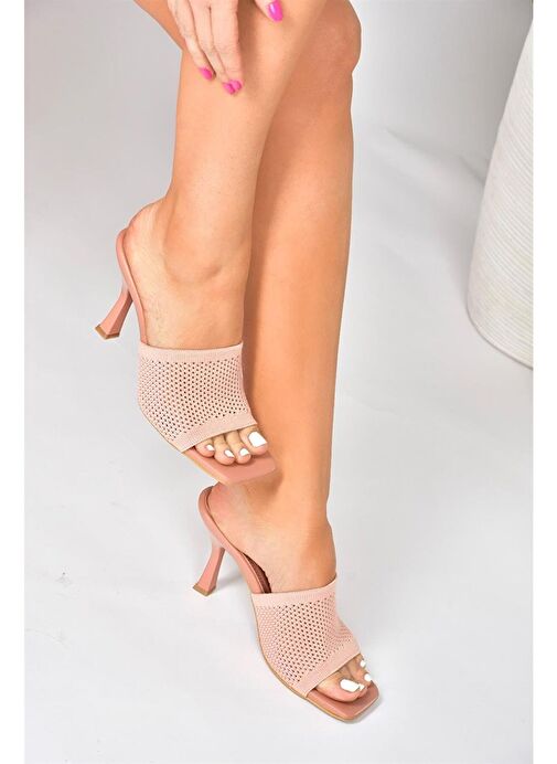 Pudra Triko Kumaş Topuklu Kadın Terlik P590033357 - Görsel 4