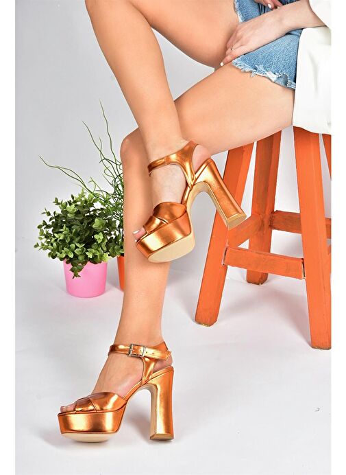 M348202459 Turuncu Metalik Platform Topuklu Kadın Abiye Ayakkabı - Görsel 5