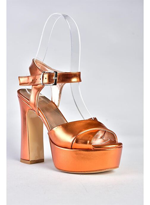 M348202459 Turuncu Metalik Platform Topuklu Kadın Abiye Ayakkabı - Görsel 6