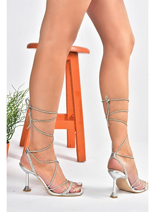 P404031009 Gümüş Taşlı Bilekten Bağlamalı Kadın Abiye Ayakkabı - Görsel 4