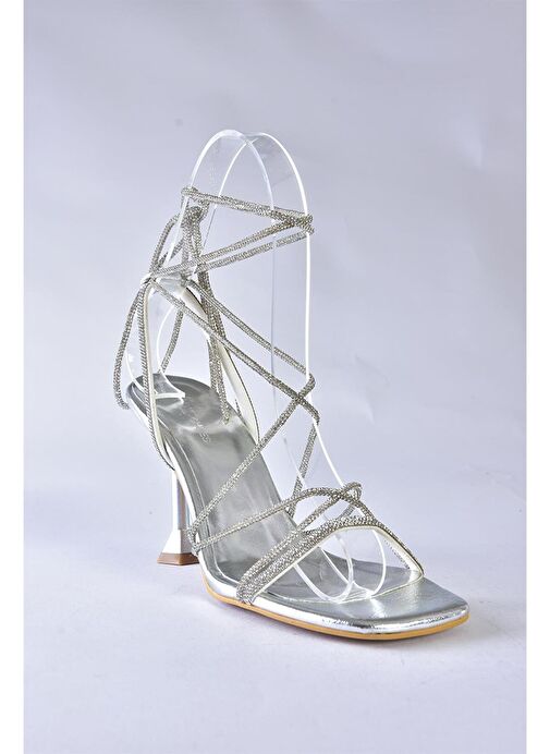 P404031009 Gümüş Taşlı Bilekten Bağlamalı Kadın Abiye Ayakkabı - Görsel 8