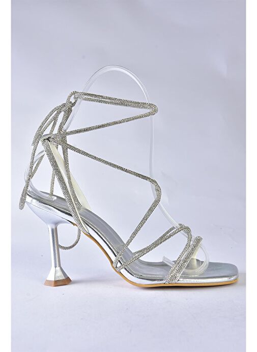 P404031009 Gümüş Taşlı Bilekten Bağlamalı Kadın Abiye Ayakkabı - Görsel 9