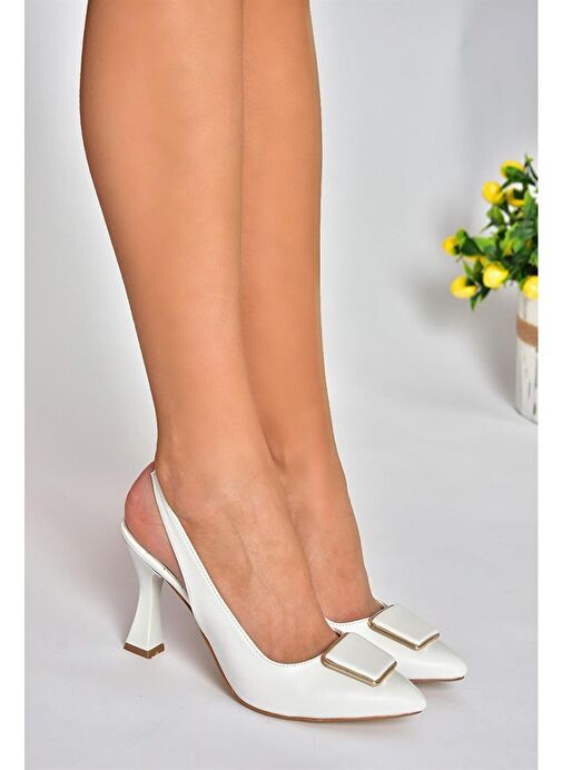 P250148209 Beyaz Tokalı Kalın Topuklu Kadın Ayakkabı - Görsel 4