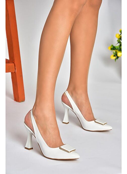 P250148209 Beyaz Tokalı Kalın Topuklu Kadın Ayakkabı - Görsel 5
