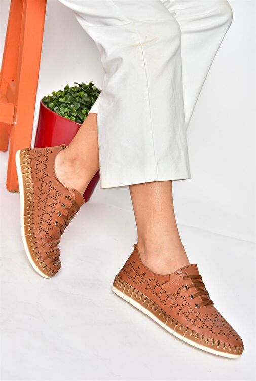 P555004703 Taba Bağcıklı Hakiki Deri Günlük Kadın Ayakkabı - Görsel 2