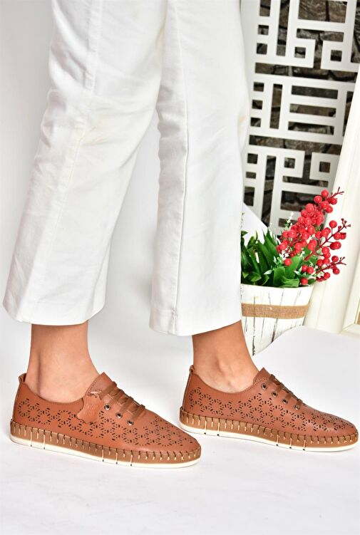 P555004703 Taba Bağcıklı Hakiki Deri Günlük Kadın Ayakkabı - Görsel 3