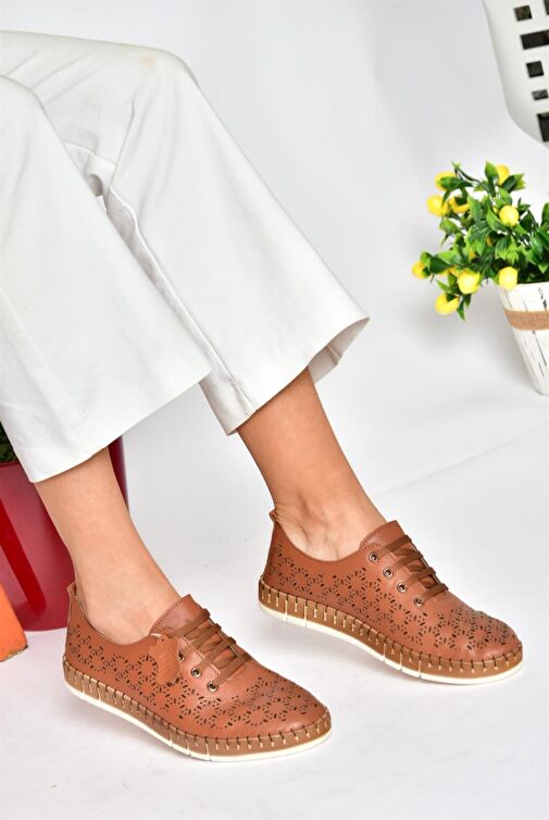 P555004703 Taba Bağcıklı Hakiki Deri Günlük Kadın Ayakkabı - Görsel 4