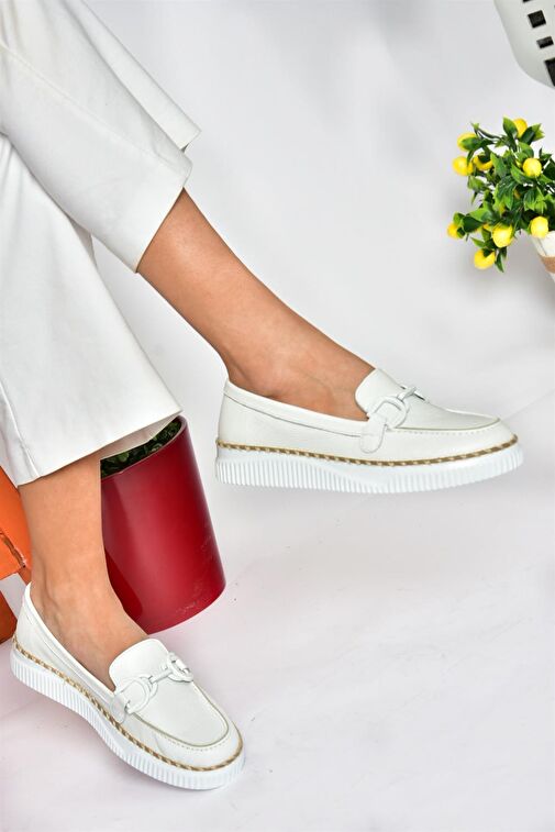 P555100003 Beyaz Hakiki Deri Günlük Kadın Ayakkabı - Görsel 4