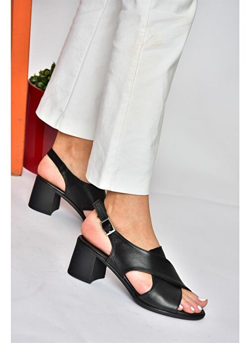 P555450503 Siyah Hakiki Deri Kalın Topuklu Kadın Ayakkabı - Görsel 2