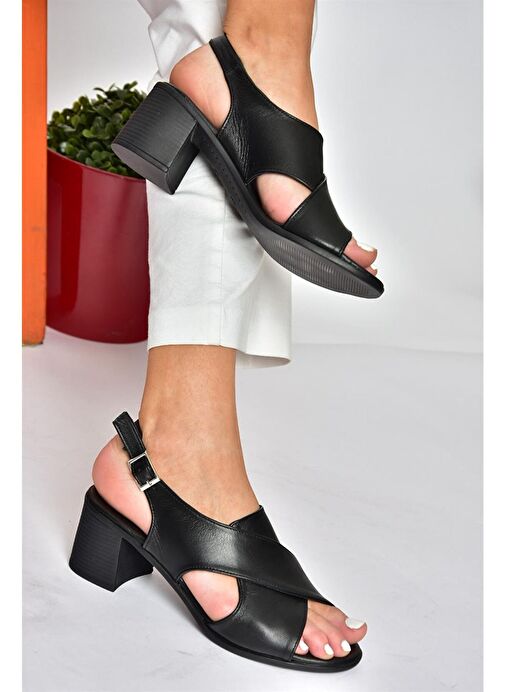 P555450503 Siyah Hakiki Deri Kalın Topuklu Kadın Ayakkabı - Görsel 4