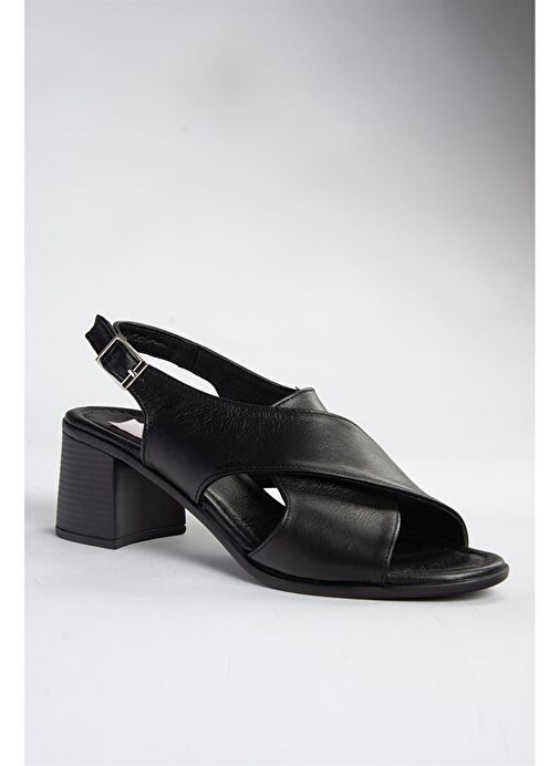 P555450503 Siyah Hakiki Deri Kalın Topuklu Kadın Ayakkabı - Görsel 6