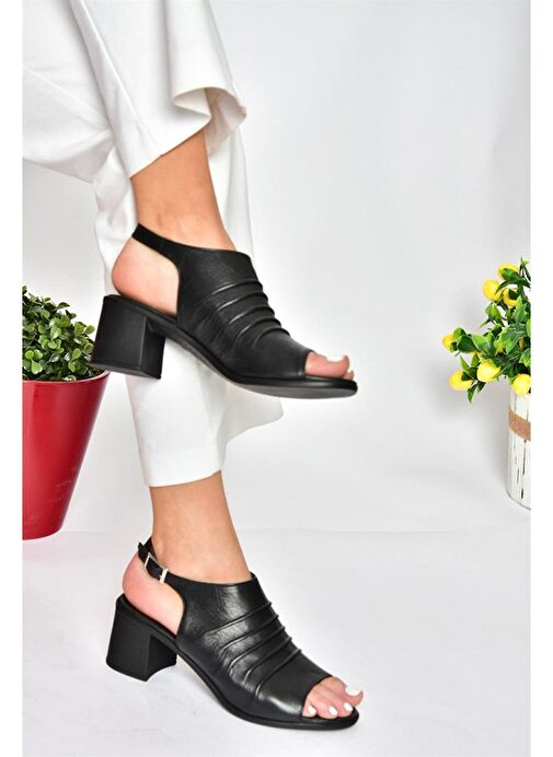 P555450803 Siyah Hakiki Deri Kalın Topuklu Günlük Kadın Ayakkabı - Görsel 3