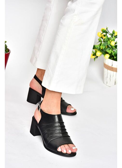 P555450803 Siyah Hakiki Deri Kalın Topuklu Günlük Kadın Ayakkabı - Görsel 4