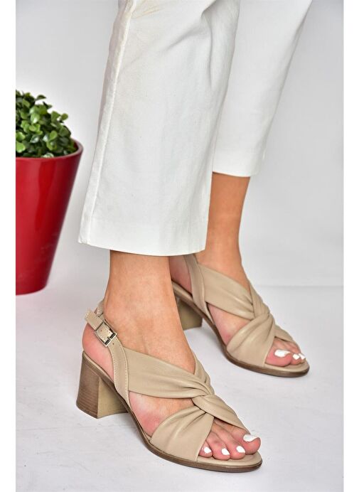 P555450103 Vizon Hakiki Deri Kalın Topuklu Kadın Ayakkabı - Görsel 2