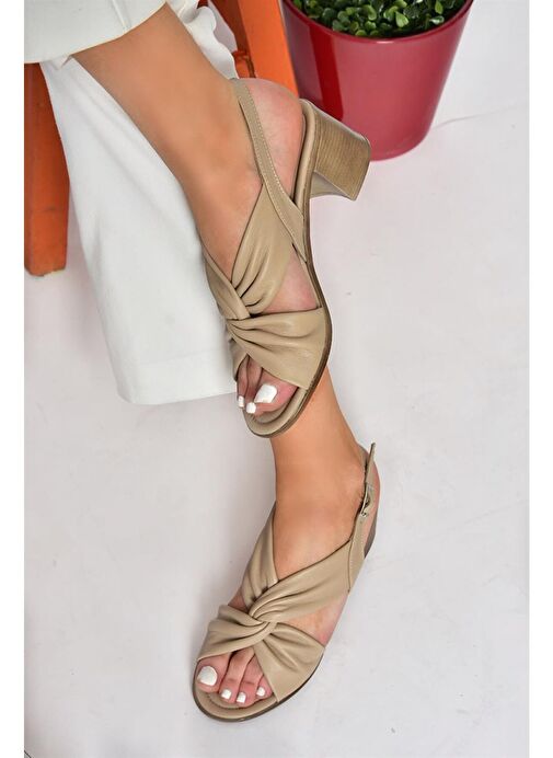 P555450103 Vizon Hakiki Deri Kalın Topuklu Kadın Ayakkabı - Görsel 3