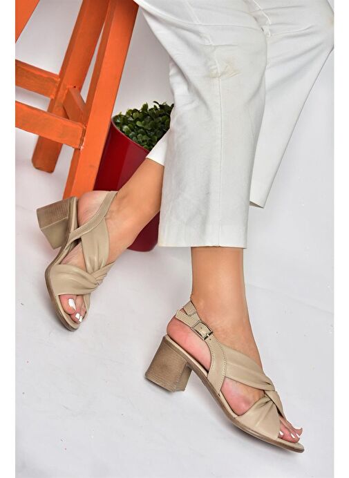 P555450103 Vizon Hakiki Deri Kalın Topuklu Kadın Ayakkabı - Görsel 4