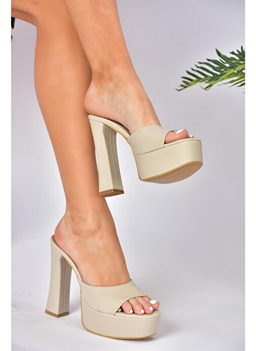 P404560604 Bej Kumaş Platform Topuklu Kadın Terlik - Görsel 2