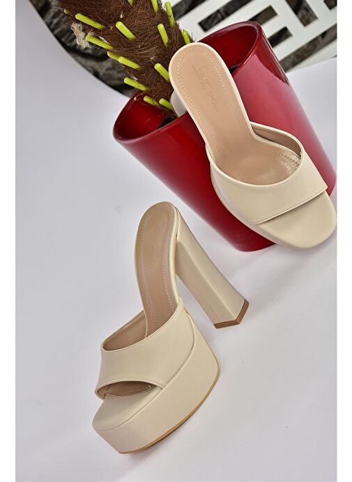 P404560604 Bej Kumaş Platform Topuklu Kadın Terlik - Görsel 3