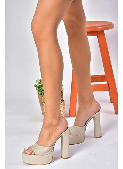 P404560604 Bej Kumaş Platform Topuklu Kadın Terlik - Görsel 5